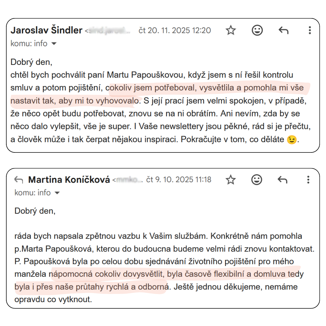 Zprávy od klientů Jaroslava a Martiny