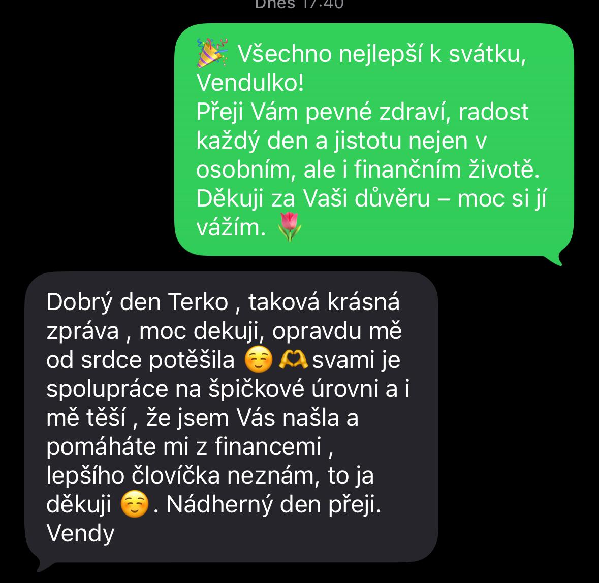 WhatsApp poděkování od klientky Vendy